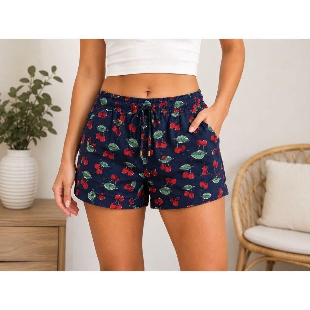 St. John’s Bay Cherry Print Linen Blend Pull On Shorts Size Small